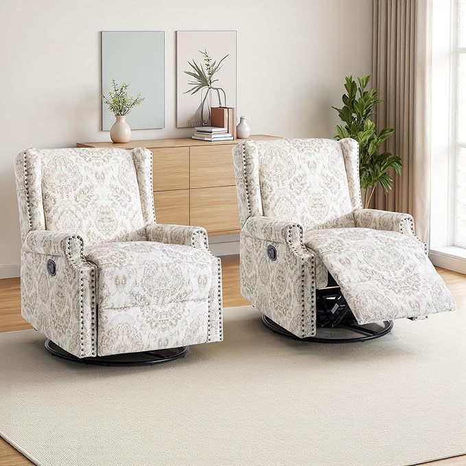 Swivel Rocker Recliner Chair Manual Nursery Glider Recliner Floral Fabric Wingback Accent Chair with Adjustable Backrest &amp Footrest for Small Spaces Living Room Bedroom (Beige Set of 2)