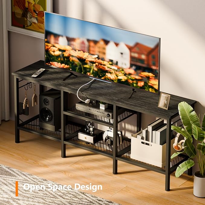 Furologee TV Stand with Power Outlets Entertainment Center with Open Storage Shelves for TVs up to 55 Inch Media Console Table with Soundbar Shelf for Living Room Bedroom Black Oak