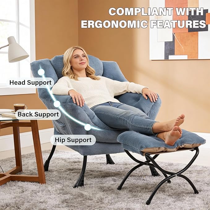 Lazy Chair with Folding Ottoman Modern Accent Armchair with Armrests and a Side Pocket &amp Foldable Footstool Reading Chair for Living Room Bedroom &amp Dorm Plush Light Blue