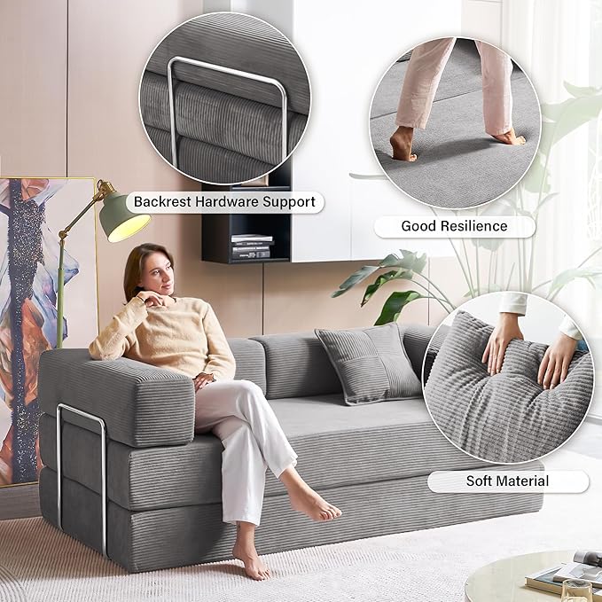 YINIX Foldable Sofa Bed 78'' Folding Floor Couch Compressed Convertable Sleeper Sofa Memory Foam Couch with Pillow Back Support Armrest 4-in-1 Futon Sofa Bed for Living Room Grey