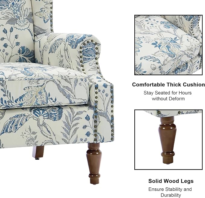Floral High Back Accent Chair Upholstered Armchair with Solid Wood Legs Comfy Wingback Reading Single Sofa Chair for Small Spaces Living Room Bedroom(Floral Plants Blue Set of 2)