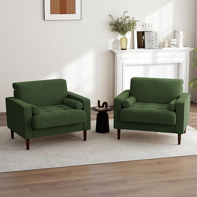 UIXE Accent Chair Corduroy Fabric Upholstered Armchair for Living Room Comfy Arm Chair Single Sofa Bedroom Reading Seat with Solid Wood Legs - Green