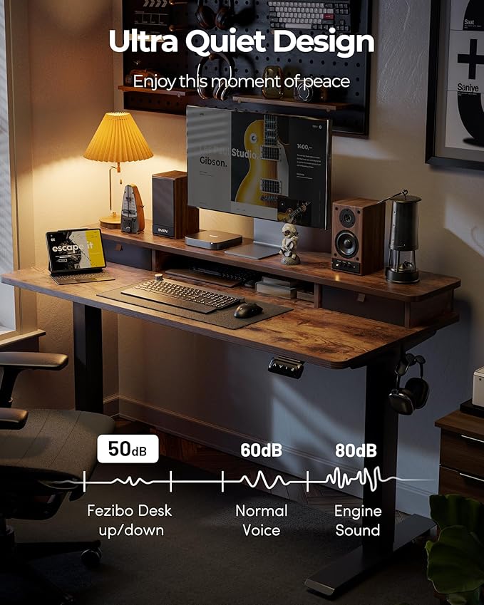 FEZIBO 40 x 24 Inch Height Adjustable Electric Standing Desk with Double Drawer Stand up Home Office Computer Desk with 4 Height-Adjustable Feets &amp 2 Hooks Rustic Brown