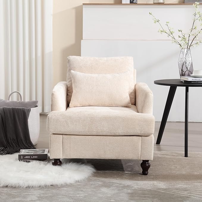 Modern Accent Chair 29'' W Comfy Chenille Tufted Lounge Armchair for Living Room Upholstered Mid Century Reading Nook Chairs Single Sofa Chair Solid Wood Frame (Beige)