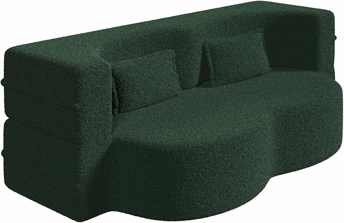 2 in 1 Folding Floor Couch Sofa Bed with 2 Pillows Teddy Fabric Foam-Filled Convertible Sleeper Sofa Full Mattress for Living Room Guestroom No AssemblyGreen Required Sofa Bed