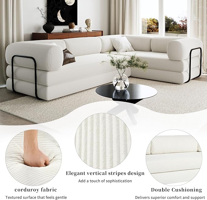 115''W Modular Sofa Bed in Corduroy Fabric L Shaped Sectional Couches Modern Upholstered Couches with Iron Frame Support 4 Independent Mattresses 3 Wedge Cushions and 1 Flat Cushion (Beige/22)