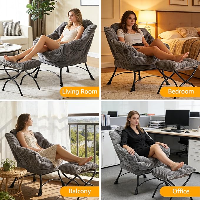 Oversized Lazy Chair with Ottoman for Adults Chair and Ottoman Set Modern Skinny Lounge Chair with Footrest Wide Reading Chair for Living Room Comfy Accent Armchair for Small Spaces Dark Gray