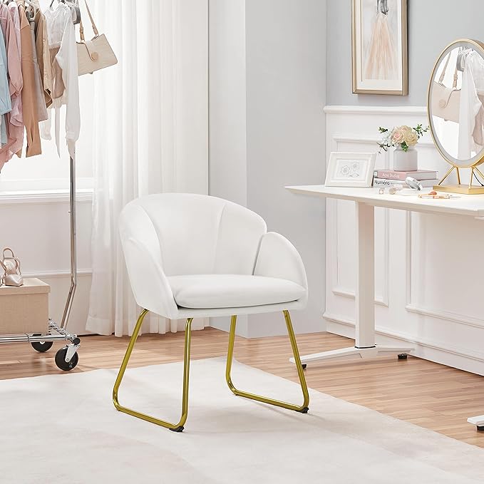 Yaheetech Modern Velvet Vanity Chair Armchair Flower Shaped Makeup Chair with Golden Metal Legs for Living Room/Makeup Room/Bedroom/Home Office/Kitchen White