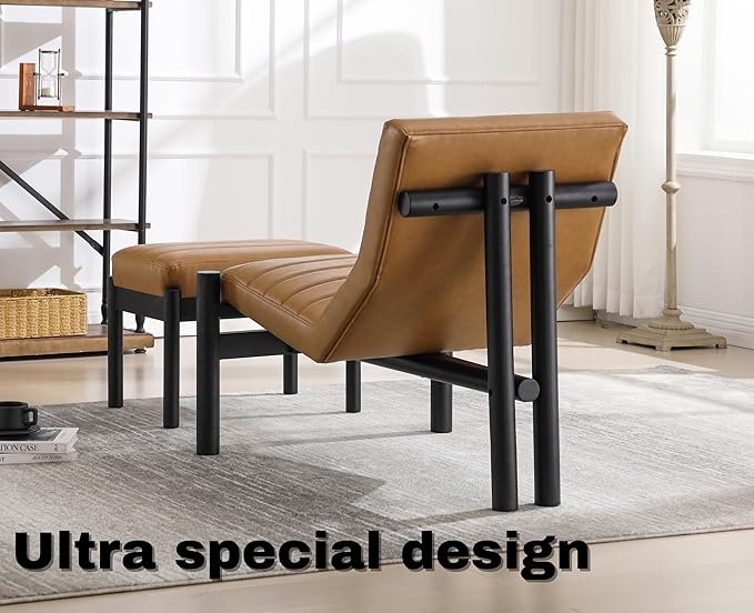 EALSON Modern Accent Chair with Ottoman Brown Leather Upholstered Seater with High Backs Unique Design Wood Frame Armless for Living Room/Bedroom Reading/Office Use