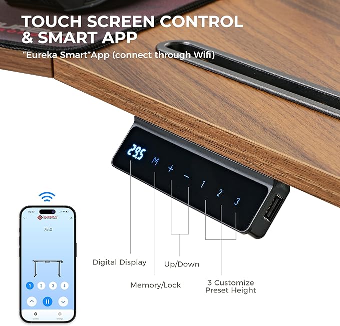 EUREKA ERGONOMIC Standing Gaming Desk with Dual Motor63 Wing Shaped Computer Desk w Mouse Pad Electric Adjustable Height Table w LED Monitor StandsSlot DesignWalnut