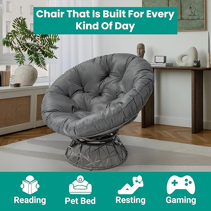 Naomi Home 40” Papasan Chair Indoor with Cushion and Frame – Round Wicker Papasan Chair with Thick Tufted Cushion Sturdy Metal Base Large Reading Chair for Bedroom &amp Living Room Dark Gray
