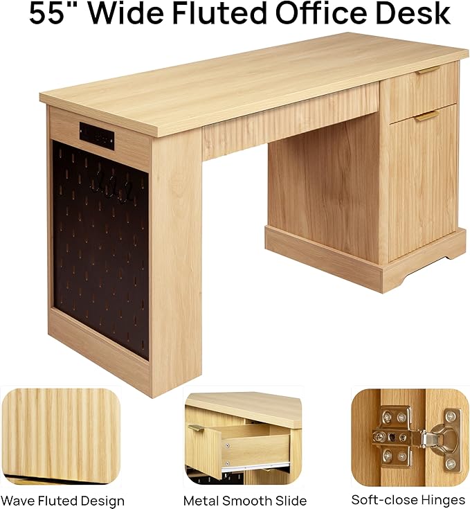 55 Modern Wavy Fluted Office Desk with Storage Cabinet Home Office Desk with Charging Station DrawerPegboard &amp Keyboard Tray - Study Writing Desk for Home Office Study Living Room Light Oak