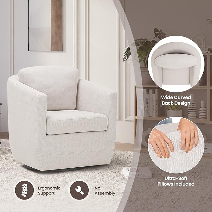 COLAMY 360° Swivel Accent Chair No-Sag Foam &amp Sturdy Metal Base Fully Assembled Living Room Armchair with Pillow Swivel Accent Single Sofa for Bedroom Living Room Reading Room Beige