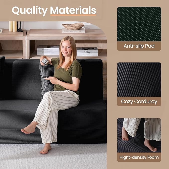 Folding Sofa Bed Convertible Sleeper Chair with Pillows High Support Memory Foam &amp Soft Corduroy Fbric Comfy Couch Bed Floor Loveseat Couch for Living Room Apartment Guest RoomBlack