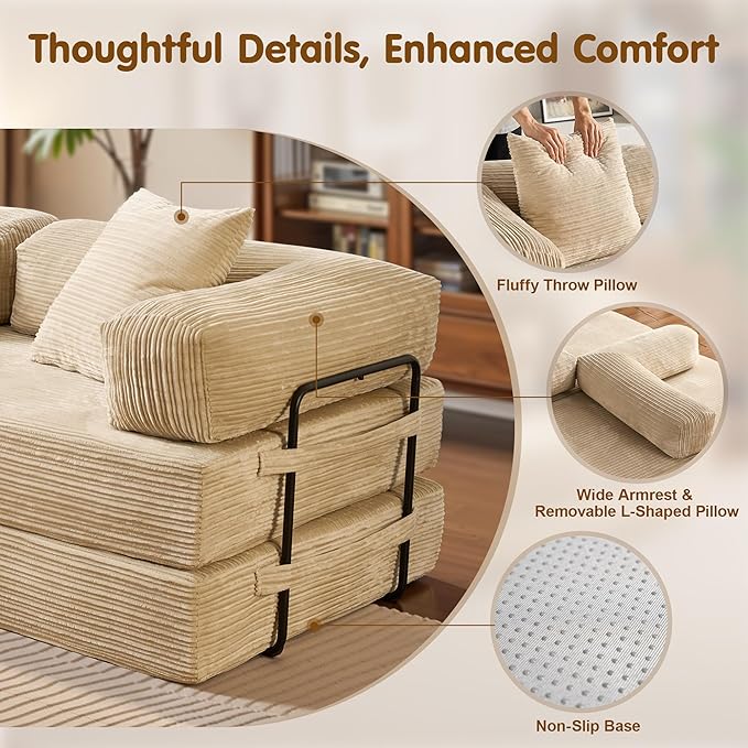 81″ Convertible Sleeper Sofa Bed with Pillows Corduroy Foldable Mattress Couch with Fixed-Shape Frame Futon Sofa Bed Boneless Couch for Living Room Bedroom Lounge Studio Beige
