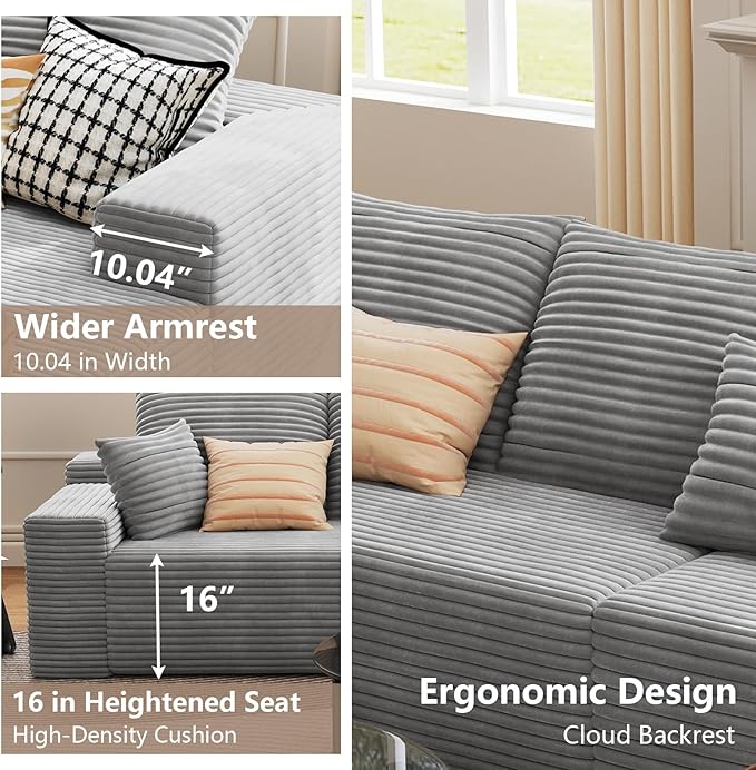 95 Cloud Sectional Couch with L-Shape Chaise Modern Corduroy Boneless Deep Seat Sofa 3-Seater Modular Sleeper Couch for Living RoomBedroomApartmentNo Assembly(Light Grey Right-Facing Chaise)