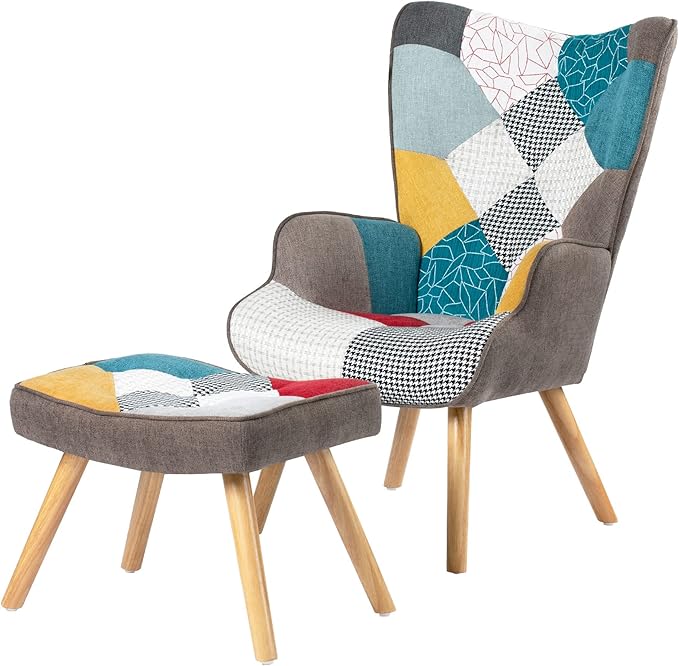 Accent Chair with Ottoman Living Room Chair and Ottoman Set Comfy Side Armchair for Bedroom Creative Splicing Cloth Surface