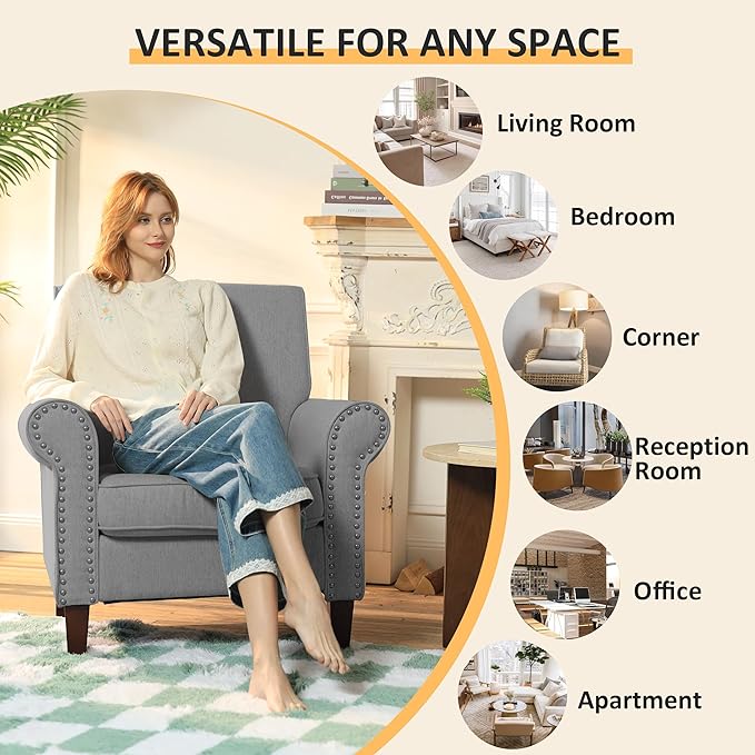 PrimeZone Comfy Accent Chair Mid-Century Modern Fabric Living Room Chair Reading Chair with Soft Cushion Nailhead Trim &amp Rolled Armrest Arm Chair Sofa Chairs for Bedroom Waiting Room Office Gr