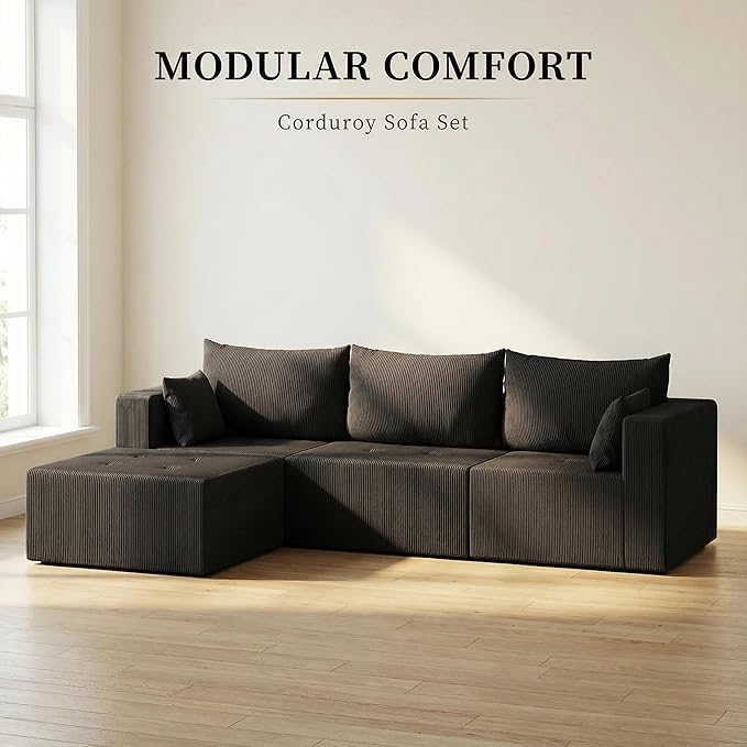 Cloud Modular Sectional Sofa L-Shape Boneless Couch Modern Corduroy Sofa with Chaise Lounge No-Assembly Required Deep Seat Modular Cloud Couch for Living Room Apartment Black