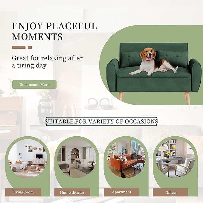 Vongrasig 47 Small Modern Loveseat Sofa Mid Century Linen Fabric 2-Seat Sofa Couch Tufted Love Seat with Back Cushions and Tapered Legs for Living Room Bedroom and Small Space (Green)