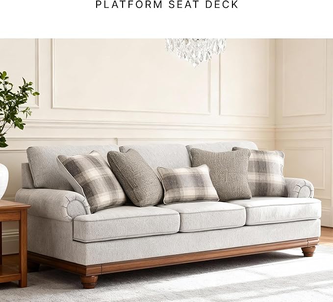 Signature Design by Ashley Meadowview Classic Upholstered Sofa with Reversible Seat Cushions 5 Accent Pillows and Rolled Armrest Light Gray
