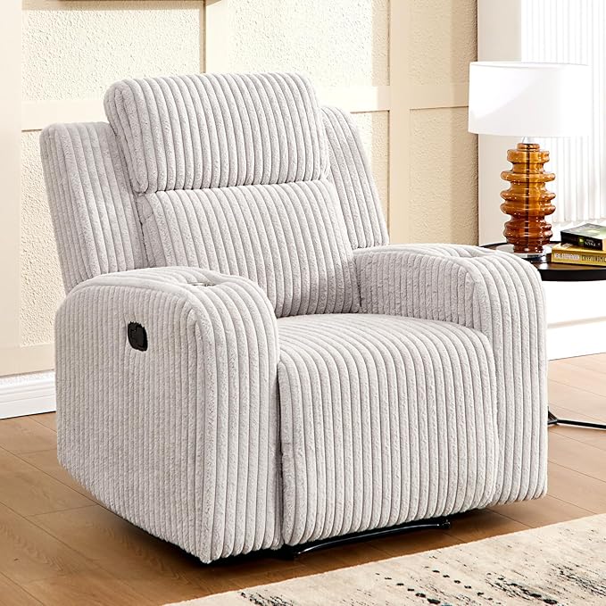Corduroy Manual Recliner Sofa Set Living Room Furniture Set Reclining Sofa and Loveseat Set Console Cup HoldersGrey(Chair)