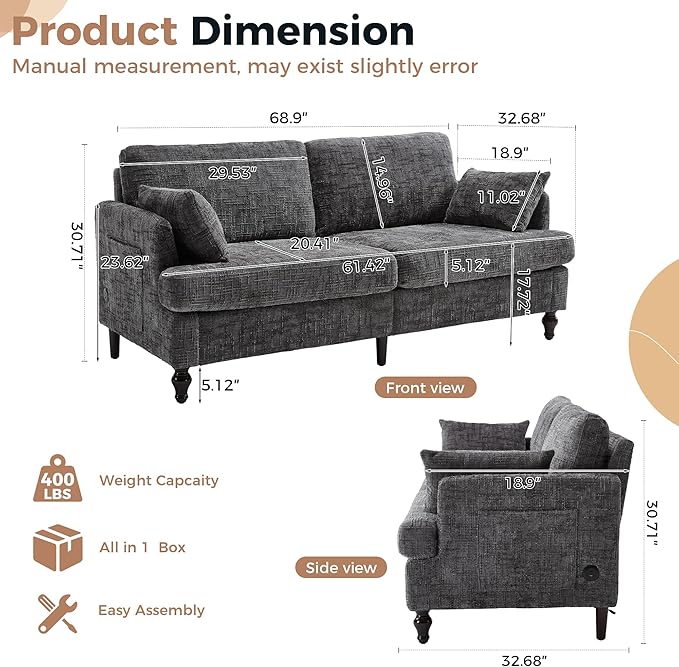 69 Loveseat Couch 2-Seat Upholstered Sofa Couch Mid-Century Modern Tufted Sofa with USB Charger LED Lights and Side Pocket Chenille Fabric Couches for Living Room Apartment (Gray)