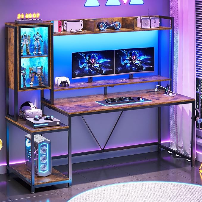 SEDETA Gaming Desk 60'' Gaming Desk with Hutch and LED Lights Computer Desk with Storage Shelves Large PC Gamer Desk with Display Cabinet Monitor Stand Power Outlet for Home Office Rustic Brown