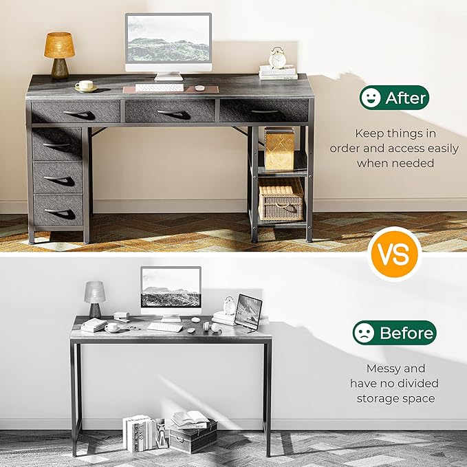 Huuger Computer Desk with 6 Drawers Office Desk with Shelves Reversible Gaming Desk Corner Desk with Storage Work for Home Office Study Living Room 47inch Gray