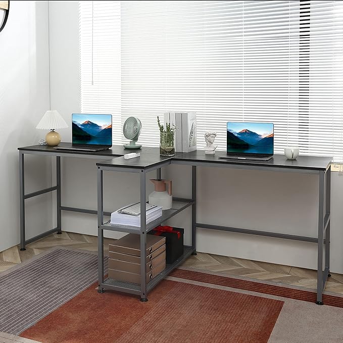 83 Two Person Computer Desk with 2 Storage Shelves Double Desk Workstation with Book Shelf Long Desk Table for Home Office Black