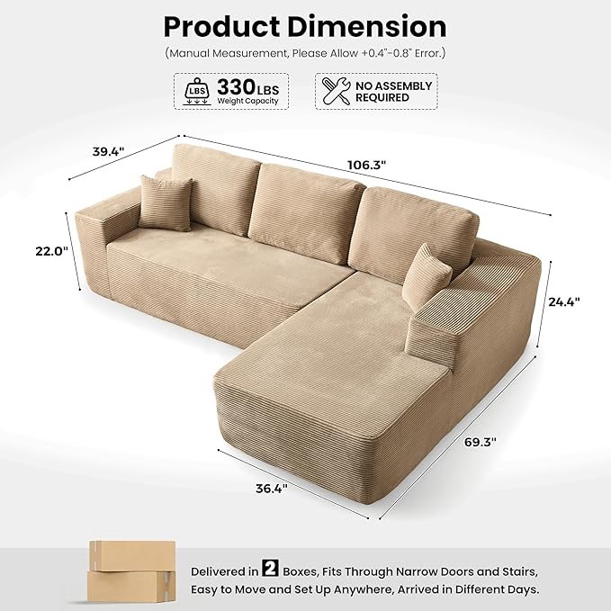 106 Cloud Sectional Couch with Chaise Lounge Deep Seat L Shaped Modern Modular Sleeper Sofa No Assembly Required Boneless Couches for Living Room (RightStripe CorduroyCamel)