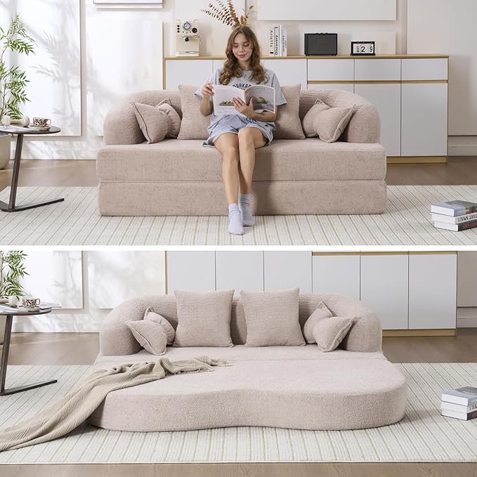 69.9 Folding Sofa Bed Full Sponge Convertible Sofa Bed with Wood Grain Chenille Fabric Easy to Carry Multi-Functional Guest Bed for Living Room Apartment Office