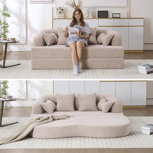 69.9 Folding Sofa Bed Full Sponge Convertible Sofa Bed with Wood Grain Chenille Fabric Easy to Carry Multi-Functional Guest Bed for Living Room Apartment Office