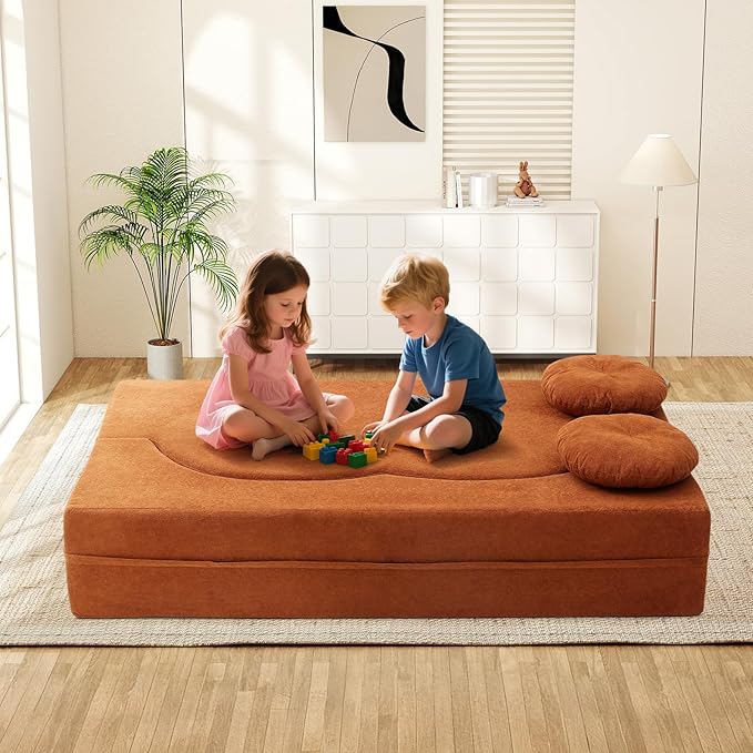 Folding Futon Sofa Bed Modern Convertible Fold Out Chenille Cloud Memory Foam Boneless Floor Lounge Loveseat Sleeper Mattress Sofa Couch with 2 Pillows for Guest Room Living Room Office Orange