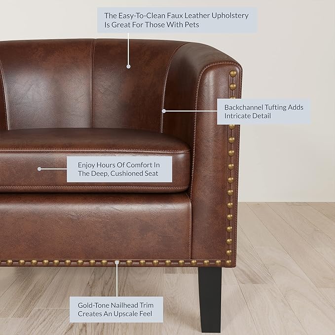 BELLEZE Accent Barrel Chair Modern Faux Leather Tub Club Chair Upholstered Armchair with Gold Nail Head Trim and Black Legs for Living Room Bedroom Apartment Lounge - Brown
