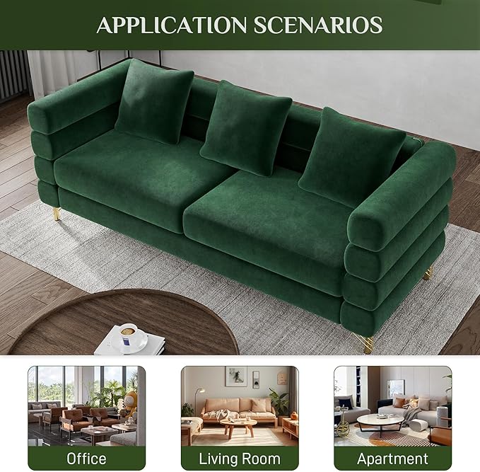 OUYESSIR Cloud Sofa Couch for Living Room 79 Comfy Deep Seat Velvet Sofa with 3 Pillows and Gold Legs Modern Upholstered 3 Seater Large Loveseat for Bedroom Office Emerald Green Velvet