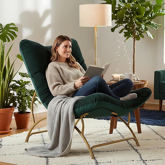 Welnow Accent Lounge Lazy Chair Comfy Soft Leisure Metal Frame Reading Chair Upholstered Thick Cushion Seated Recliner Sofa for Living Room Bedroom Dorm Dark Green
