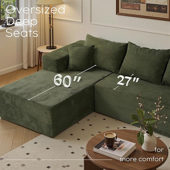 Green 103“ Sectional Couches for Living Room Boneless Couch with L-Shape Chaise Modular Sofa in Box with Deep Seat No Assembly Required