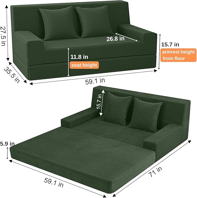 MeMoreCool Boneless Loveseat Sofa Bed – Dark Green Corduroy Convertible Futon Couch Foldable Floor Sleeper with Foam &amp Pillow Washable Cover for Bedroom Apartment Small Living Room