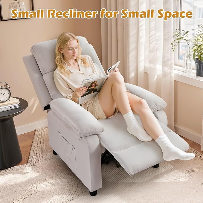 Recliner Chair Living Room Chairs for Adults Padded Deep Seat Reading Chair with Side Pockets Small Recliners for Small Spaces Lounge Chair for Living Room Bedroom and RV (Linen)