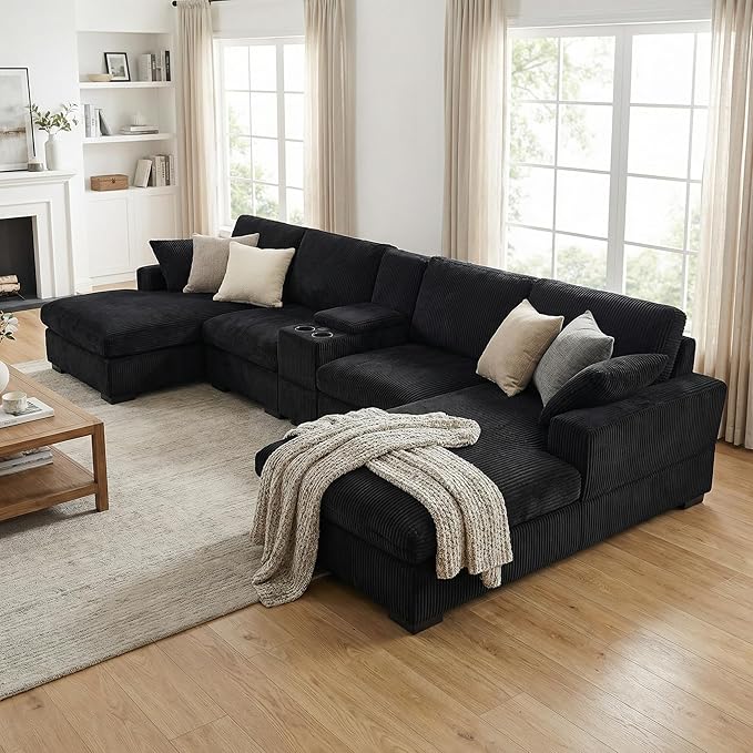 126 U Shaped Sofa Modular Sectional Sofa with Chaise Lounges Modern Couch with Storage Console USB Charging Ports &amp Cup Holders Corduoy Upholstered Deep Seat Couch for Living Room Black | st