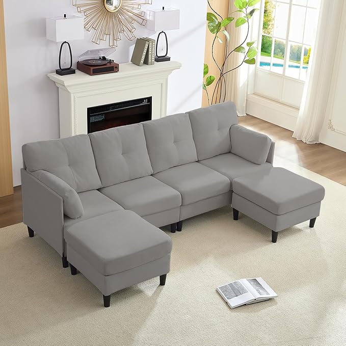 PUREMIND Sectional Home Sofa Living Room Modern U-Shaped Sofa Couches with Double Chaise Upholstered 4 Seater Sofa for Living Room Apartment Light Grey