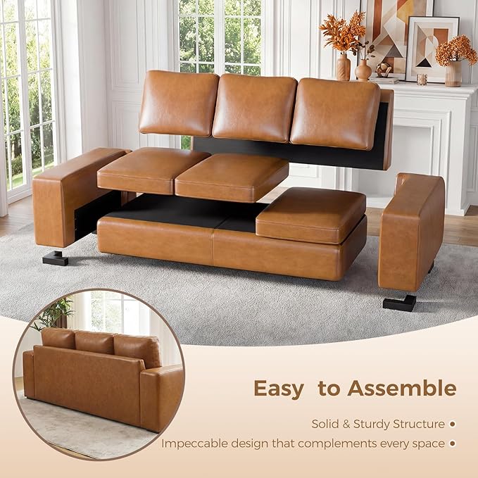 ELUCHANG 85 Luxury 3 Seater Sofa Couch for Living Room Modern Upholstered Faux Leather Sofas Couches with Extra Deep Seats&ampRemovable Cover Comfy Sofa Couch for Apartment Lounge Brown 2PCS