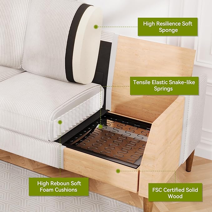 88 Loveseat Sofa Comfy White Corduroy Couches for Living Room Modern Oversized Love Seat Sofa Tool-Free Setup Large Couches for Bedroom Office