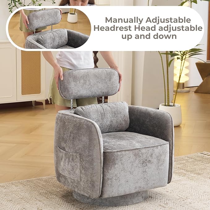 Large Swivel Accent Chair Chenille Round Barrel Chair Upholstered Armchair for Living Room Bedroom Modern Round Armchair Single Sofa with Adjustable Headrest Grey