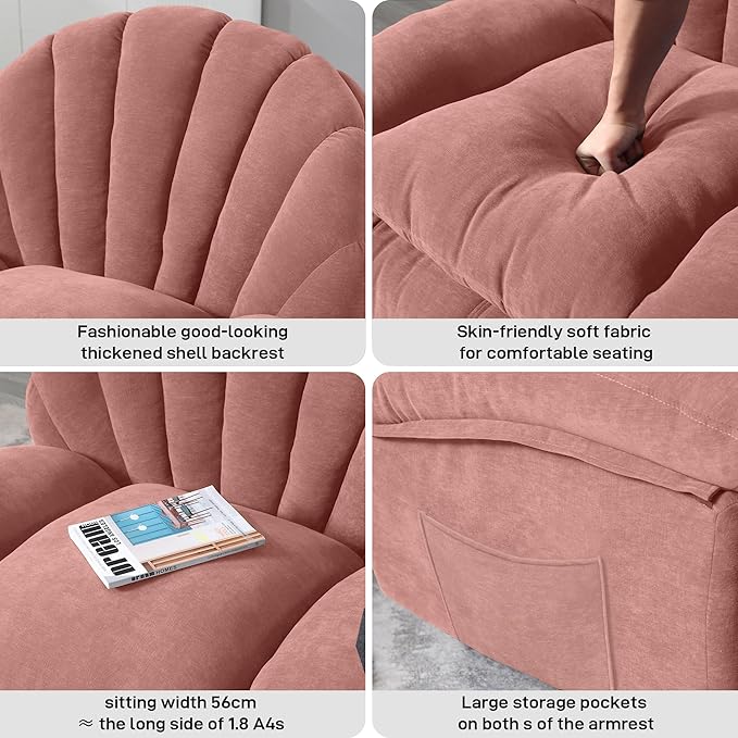 Swivel Rocker Recliner Chair – Shell Shape Manual Big Tall Single 360° Swivel Reclining Sofa with Storage Pockets | Small Space-Friendly for Living Room/Bedroom (NO Massage &amp Heat Pink)