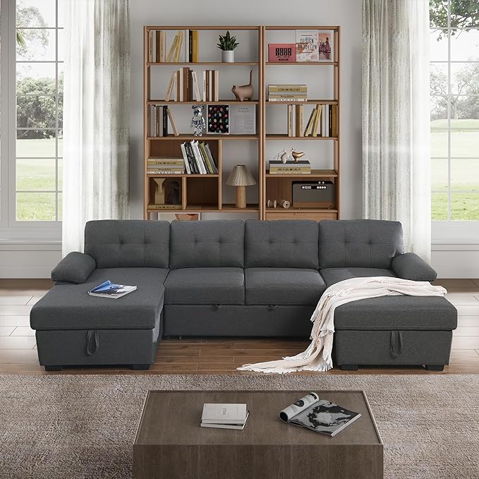 120 U-Shaped Sectional Sleeper Sofa with Pull Out Bed &amp Storage Chaise Lounge Convertible Sofa Bed Couch Functional Modular Sectional Sofa for Living Room Apartment (Dark Gray 4 Seats Sofa Bed