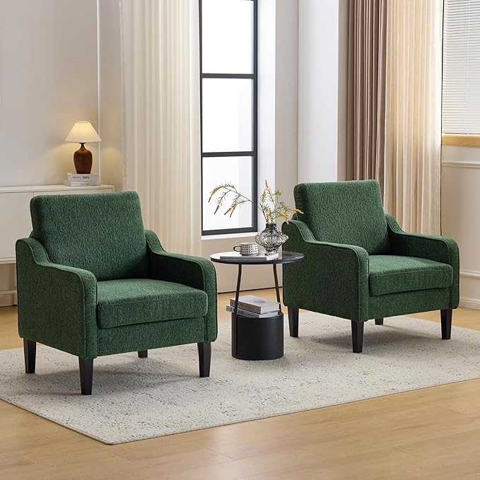 VINGLI Accent Chair for Living Room Chairs Reading Chair for Bedroom Chair Scooped Arm Chair Mid Century Modern Accent Chairs Upholstered Comfy Chair for Apartment Waiting Room (2 Dark Green)