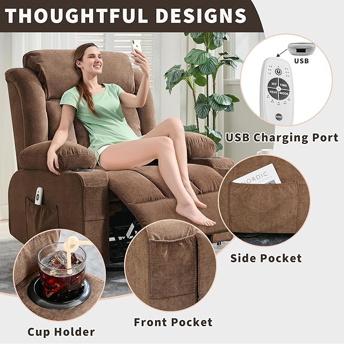 Oversized Swivel Rocker Recliner Chair with Heat &amp Massage 3-Position Adjustable Nursery Recliner for Adults Dual Cup Holders Side Pockets USB Charging Ports Brown