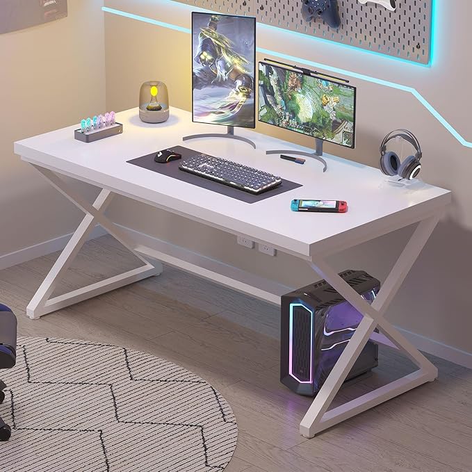 IBF White Computer Desk Modern Home Office Desk for Writing Work Study Simple Wooden Metal Pc Gaming Desk in Bedroom Executive Laptop Workstation Computer Table White Oak 55 Inch
